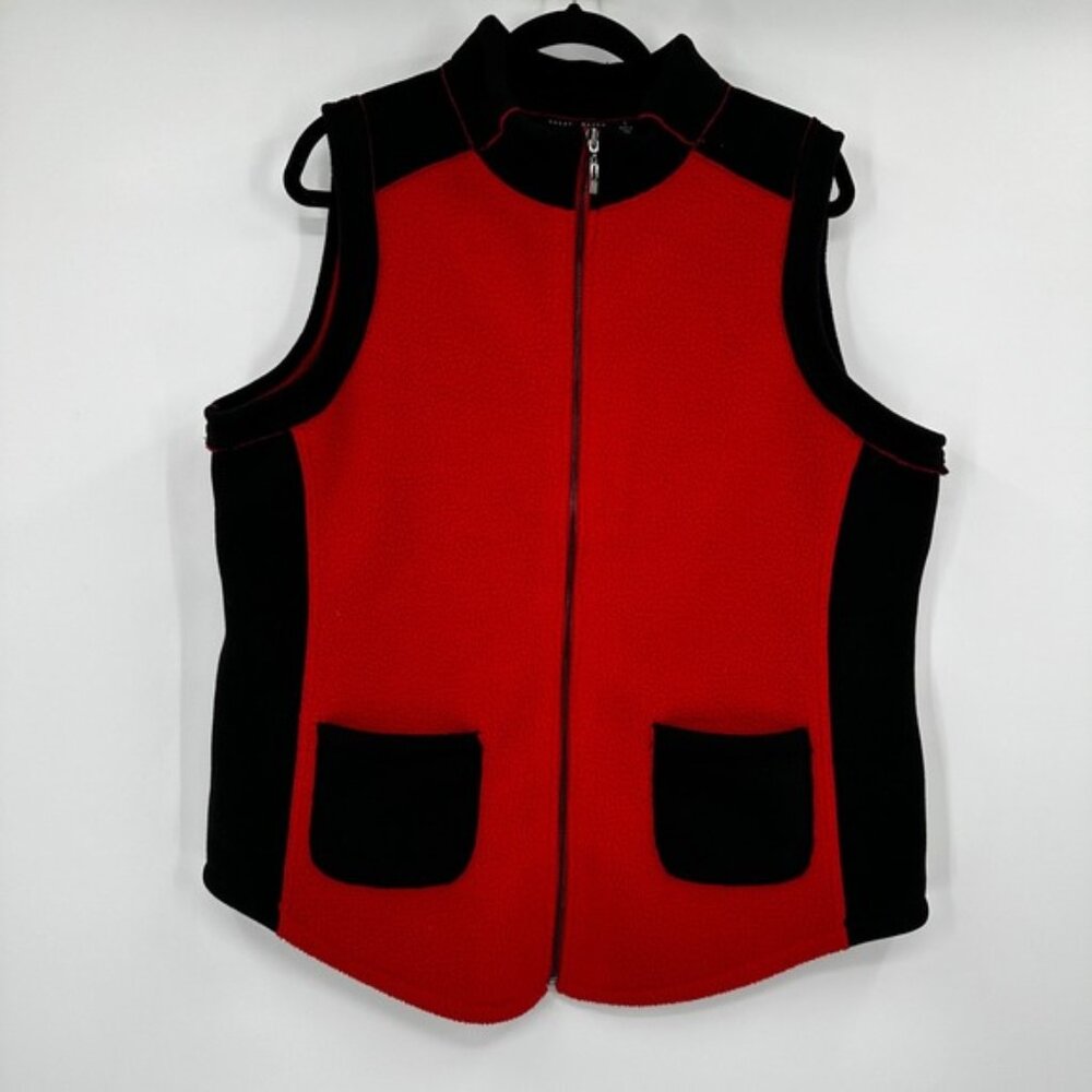 Susan Graver Weekend Red Black Fleece Colorblock Zip Up Vest Mock Neck Large